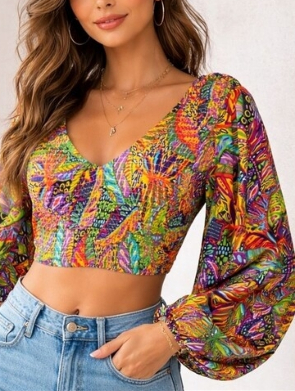 Live 4 Truth Multicolor V-Neck Crop Top with Balloon Sleeves